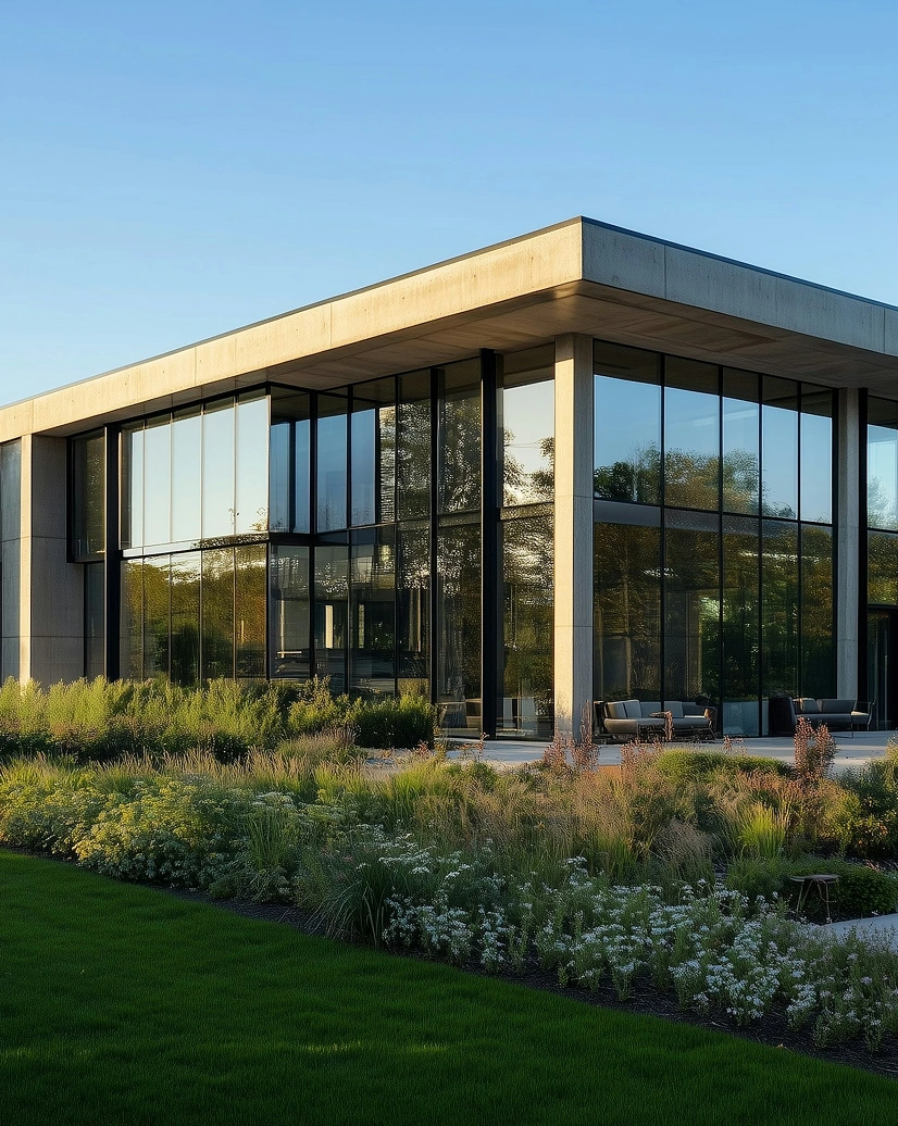 A modern home set amidst vibrant green grass, showcasing a serene and inviting outdoor environment.