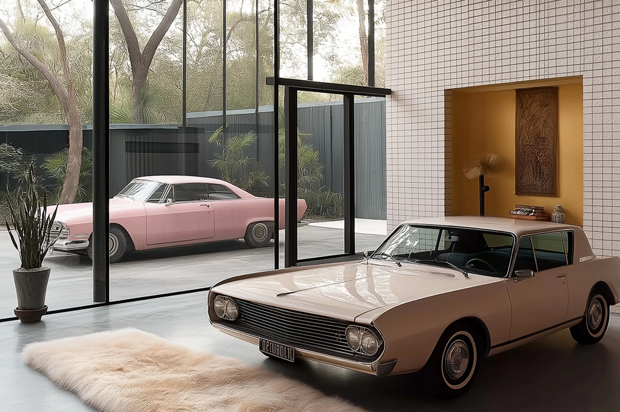 Two vintage cars are displayed; one cream-colored inside a modern, glass-walled room with a fur rug, and a pink one outside. The setting is sleek and elegant.