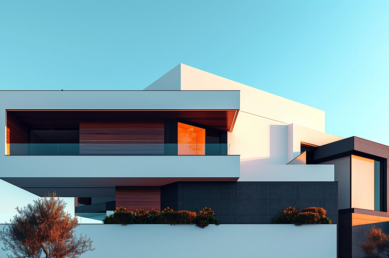 Modern, angular house with white and dark gray exterior, highlighted by warm sunset light. Clean lines, large windows, and sleek design create a serene atmosphere.