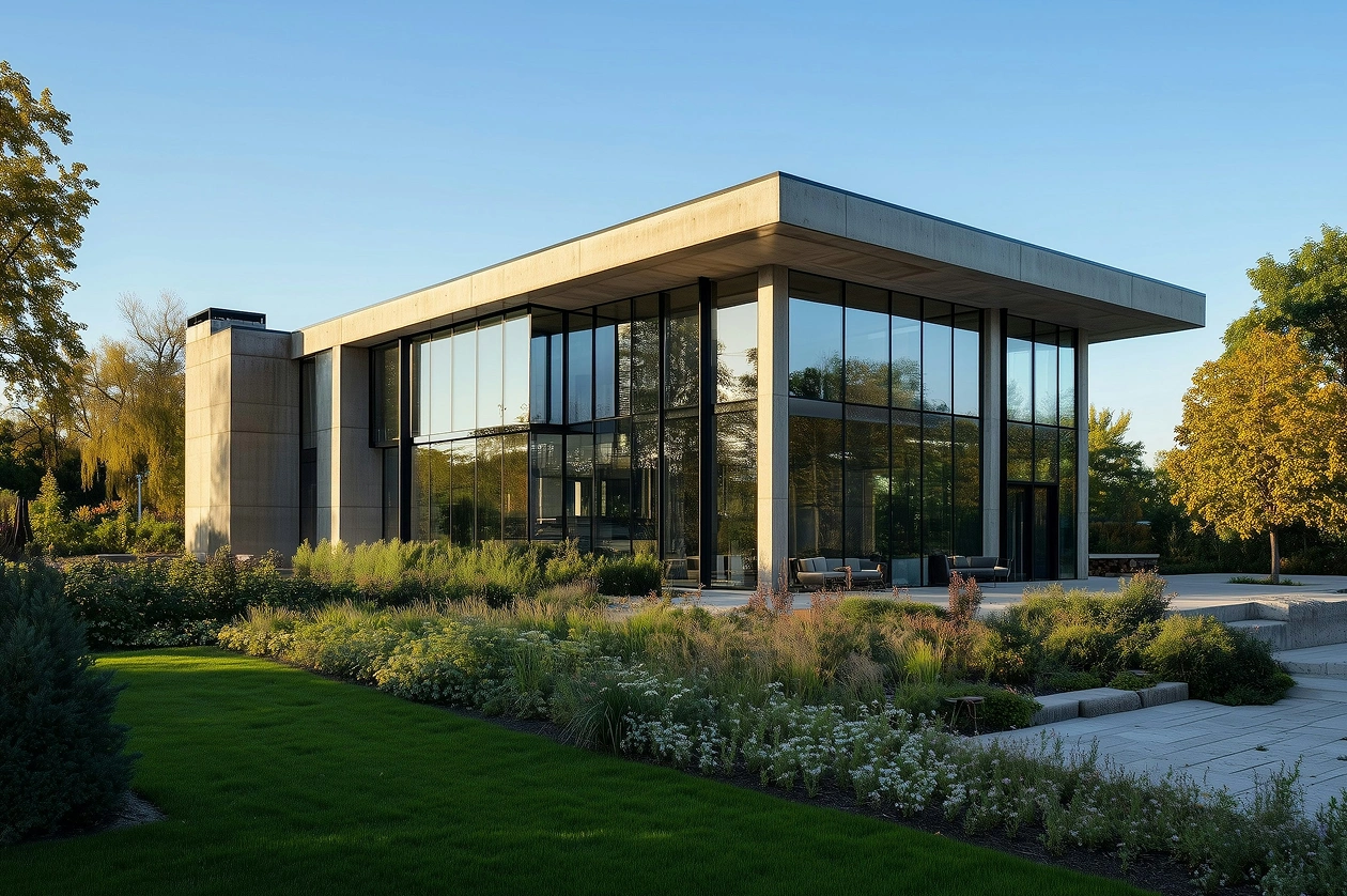 Modern glass building with a flat roof surrounded by lush greenery and trees under a clear blue sky. The setting feels peaceful and serene.