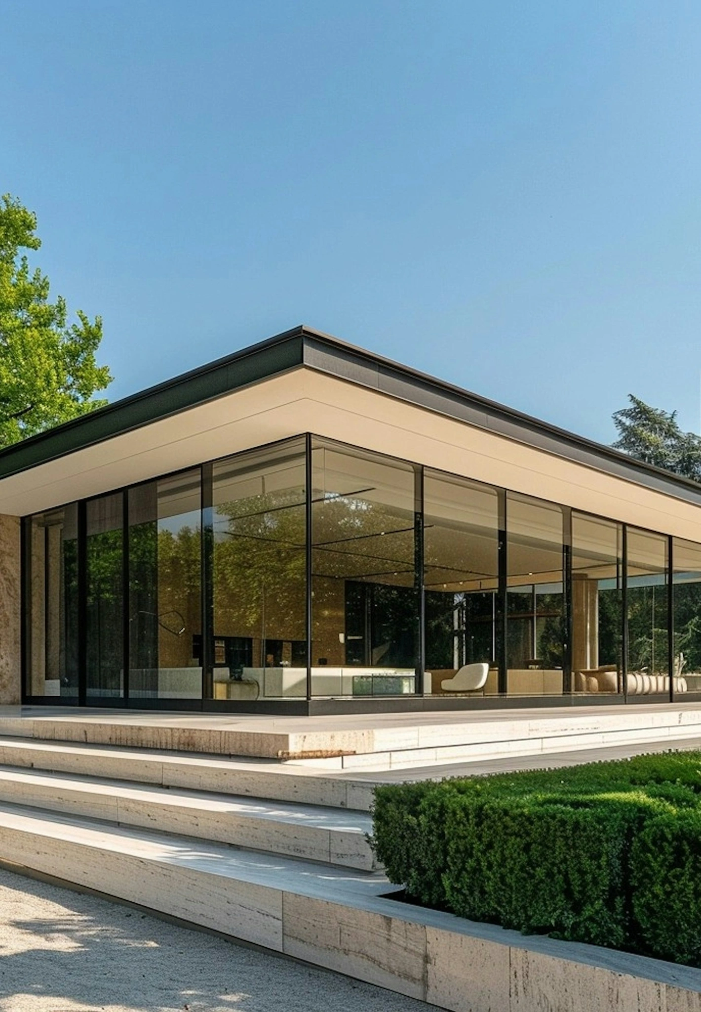 Modern glass-walled building with flat roof, reflecting surrounding trees. Light stone steps and manicured bushes enhance the minimalist architecture.