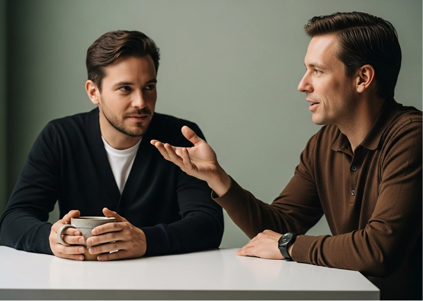 Two men sit at a table, engaged in a conversation. One holds a mug, listening attentively, while the other gestures as he speaks. The atmosphere is thoughtful.