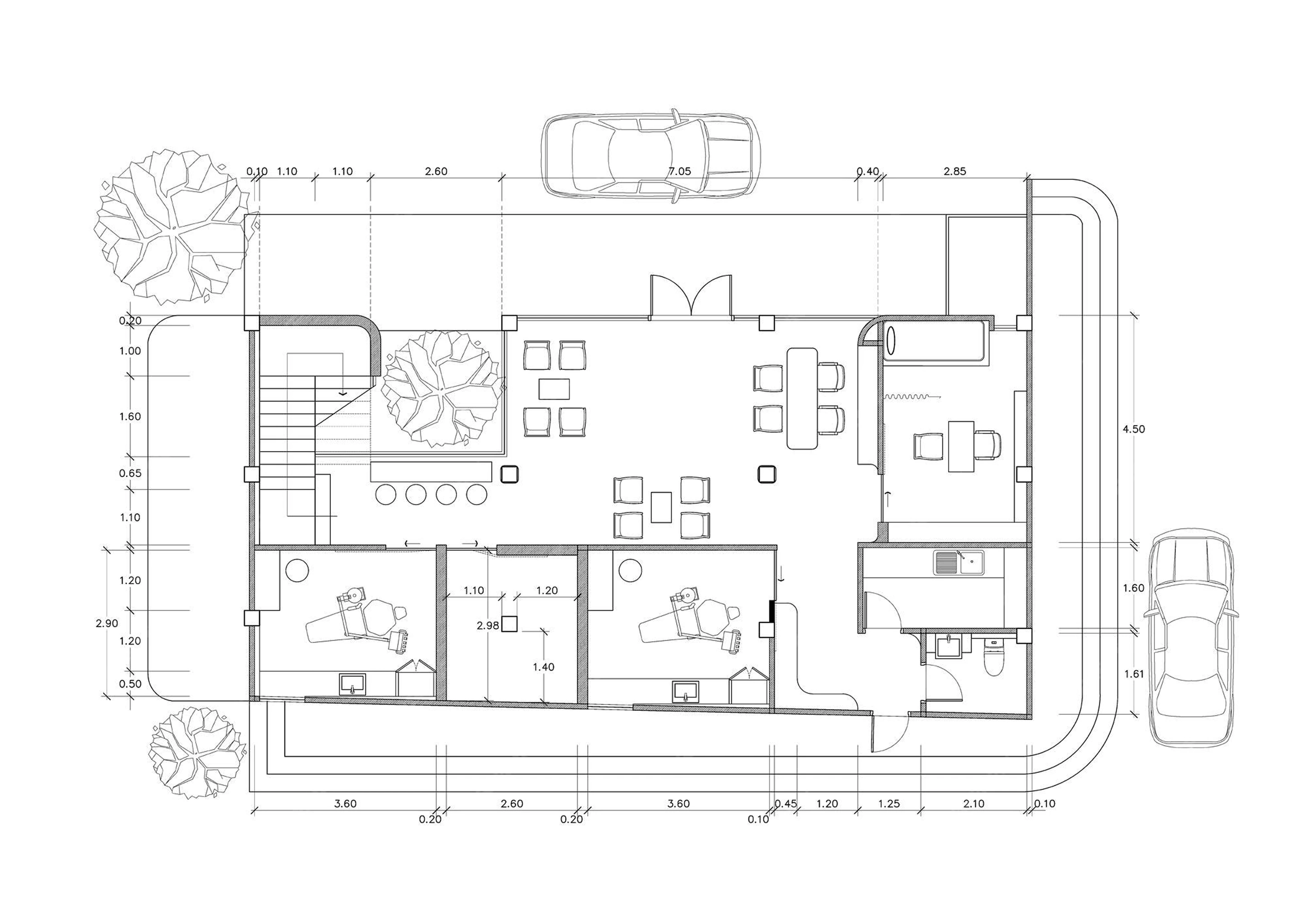 Floor plan of a residential house with a living room, dining area, kitchen, two bedrooms, and bathroom. Two cars and trees are shown outside.