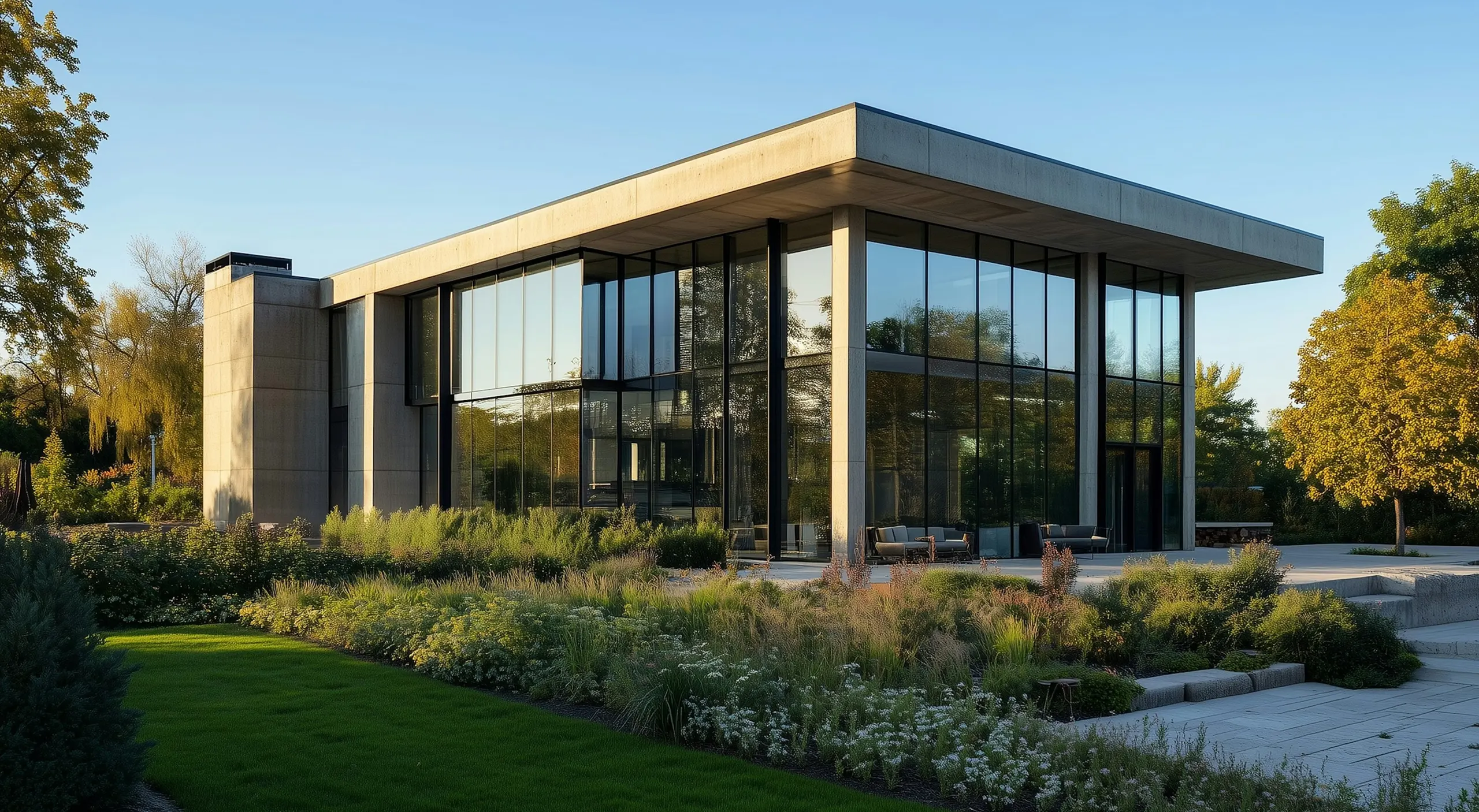 Modern glass building with clean lines and sleek design, set amid lush greenery and illuminated by warm evening light, exuding a tranquil ambiance.