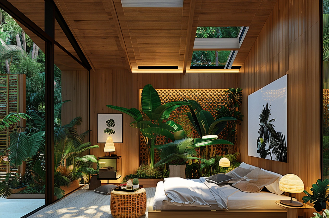 Cozy minimalist dining room with a wooden table and chairs. Pampas grass in a vase adds texture. Neutral tones create a serene, natural atmosphere.