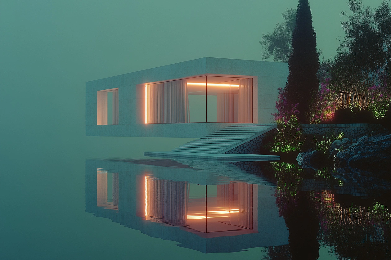 A modern, cube-shaped house with glowing orange lights is reflected in a still lake. Surrounded by mist and trees, it conveys a serene, mysterious atmosphere.