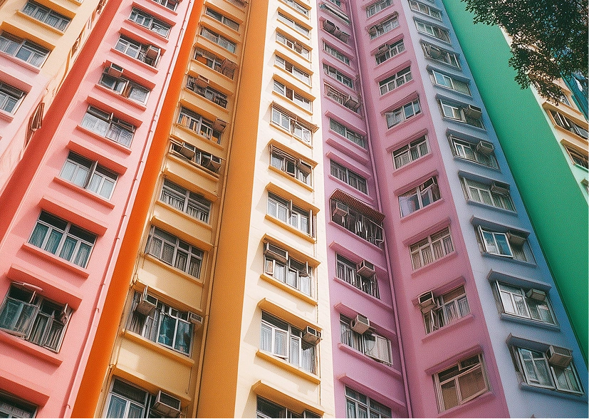 Colorful high-rise apartment building with varying pastel hues of pink, orange, yellow, and green. The vibrant facade creates a cheerful, lively atmosphere.