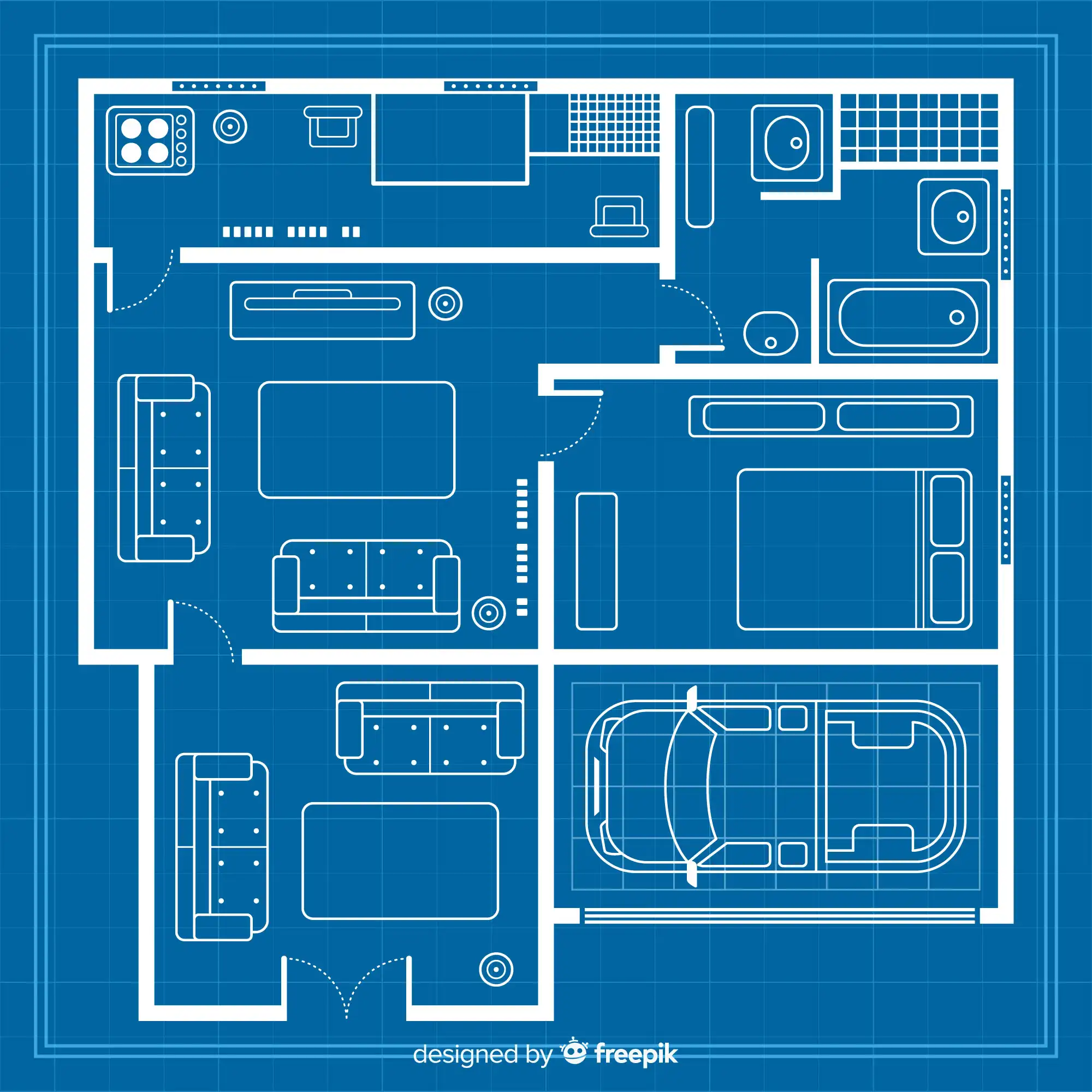 Architectural workspace with floor plans on grid paper, a tape measure, triangular ruler, model house, and small potted plants on a wooden desk.