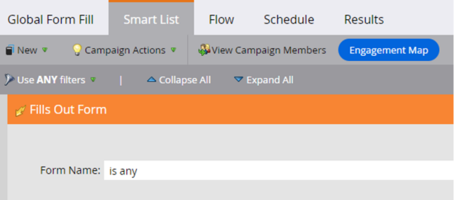 Screenshot of the Smart List tab in Marketo, showing a filter for 
