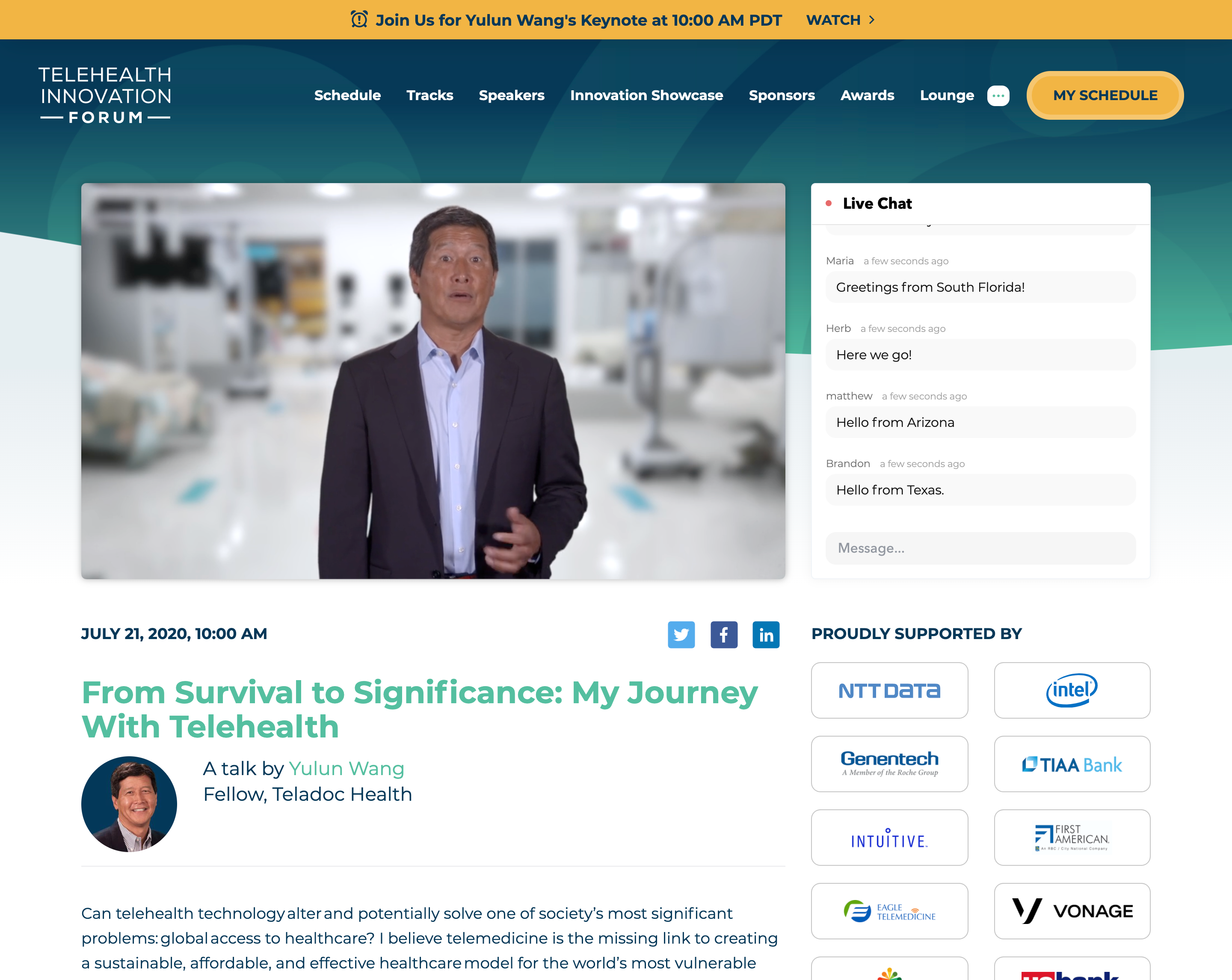 A screenshot of speakers and topics for a virtual event.
