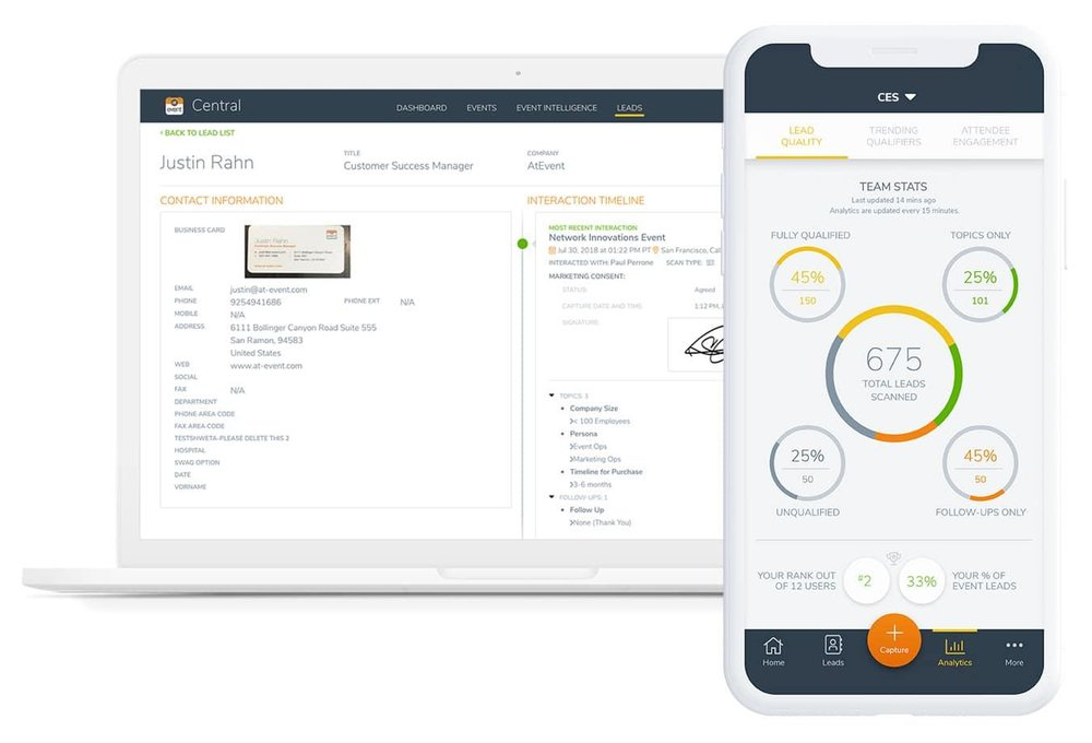 A screenshot of the atEvent app, showing how users could capture and track event attendees starting with a scan of their business cards.