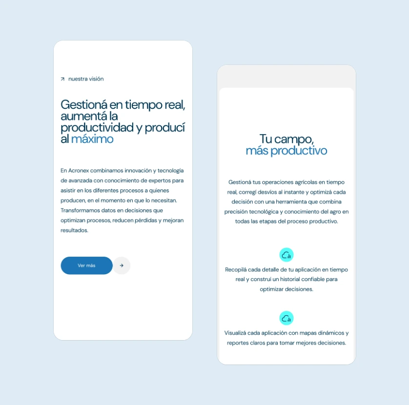Two mobile screens of the Acronex home page: real-time management and "Your field, more productive"