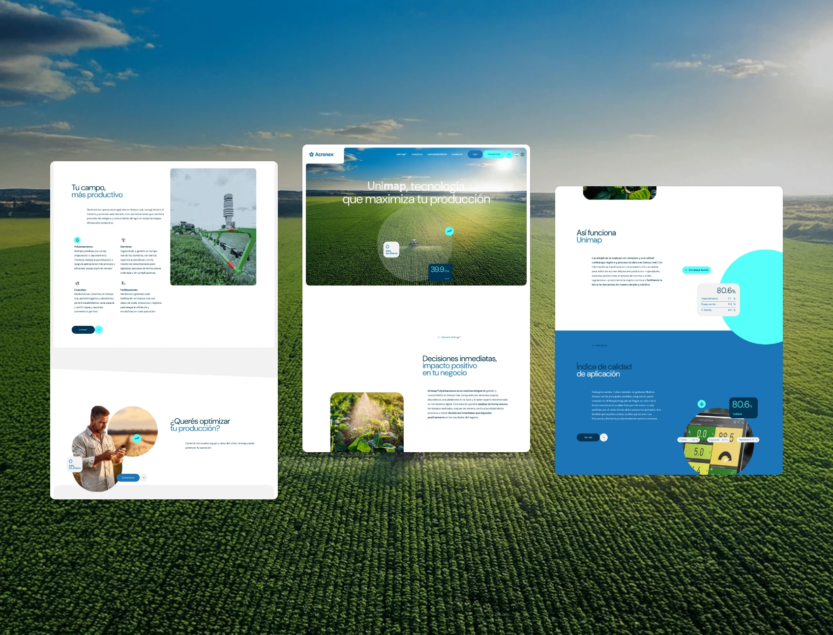 Three sections of the Acronex home page and Spraying page over a photo of a cultivated field