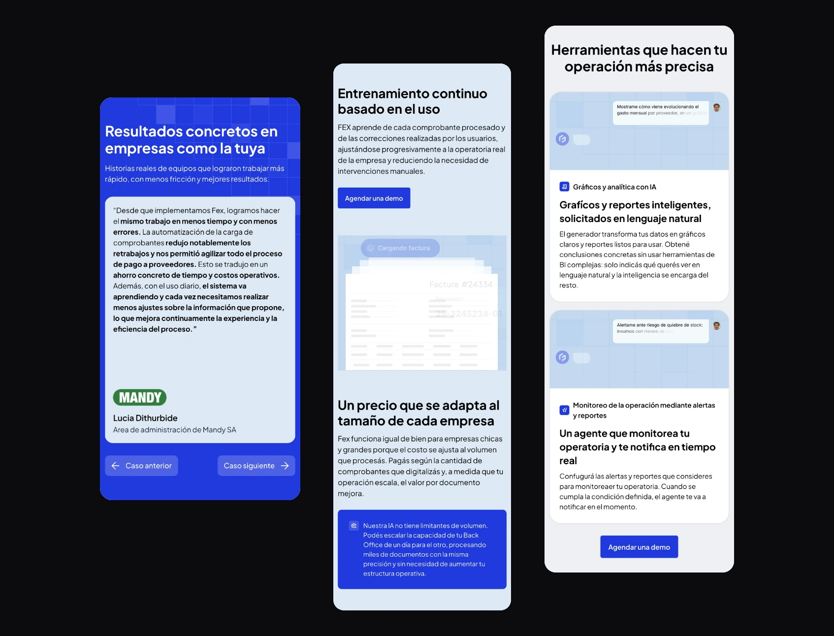 Pantallas mobile de la home, la página Lectura y carga de compras y la página Análisis de datos con IA de FEX