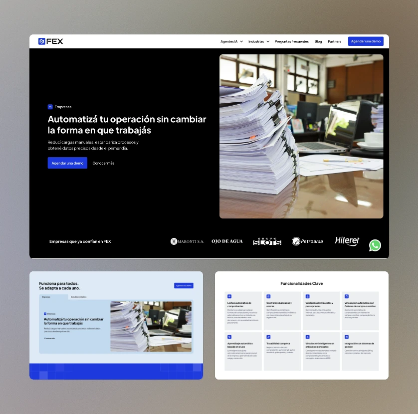 Pantallas de la página Empresas, la home y la página Lectura y carga de compras de FEX en desktop