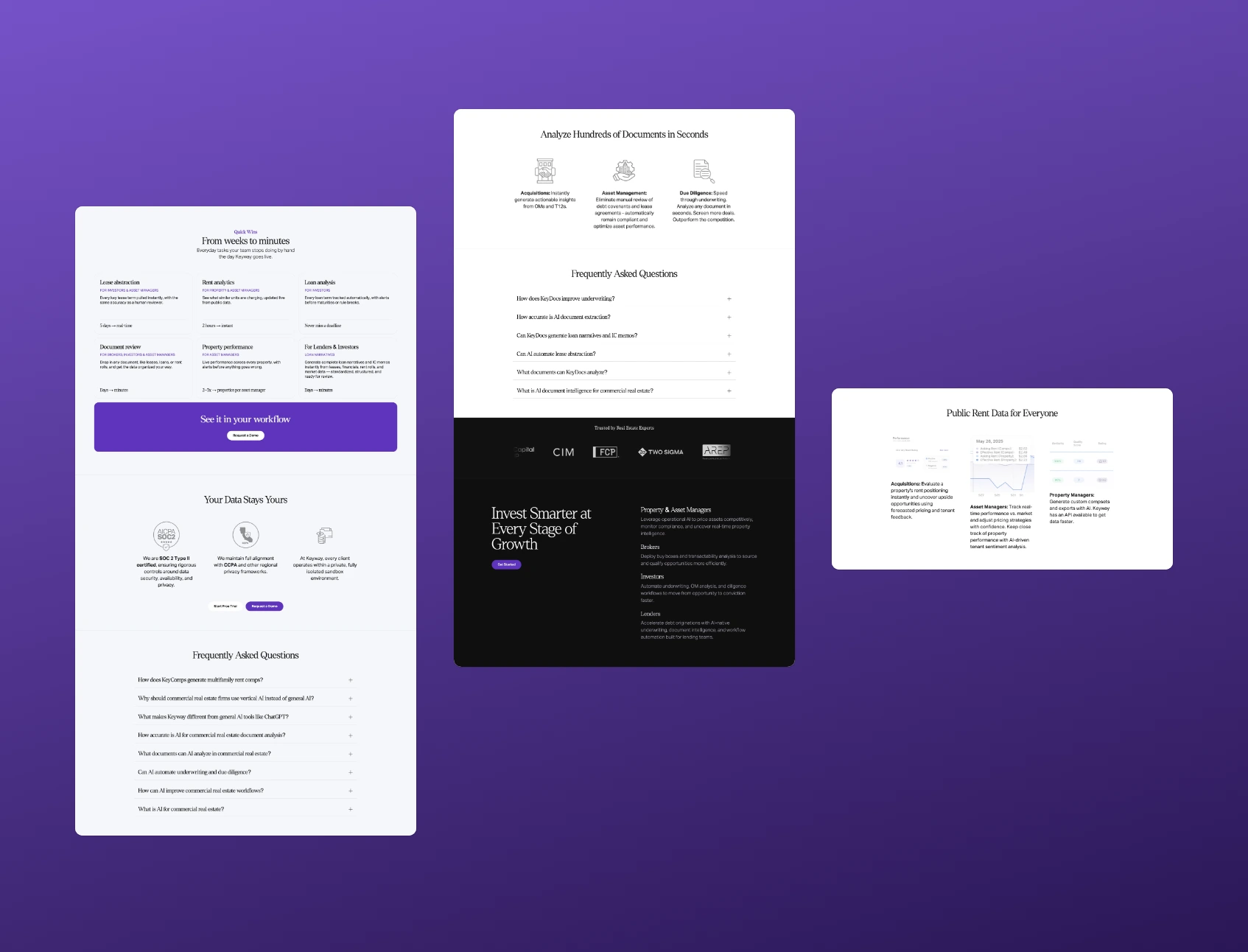 Tramos de la home, la página Keydocs y la página Keycomps de Keyway en desktop