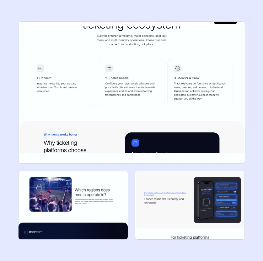 Screens of the Menta Tech How it works page and Who we power page on desktop