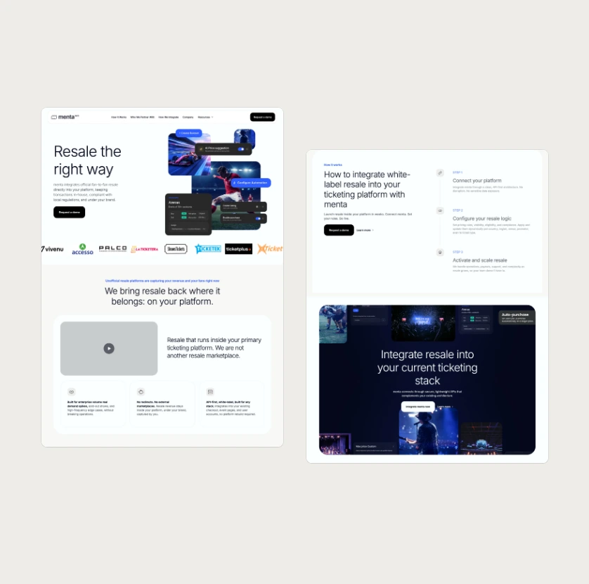 Sections of the Menta Tech home page on desktop