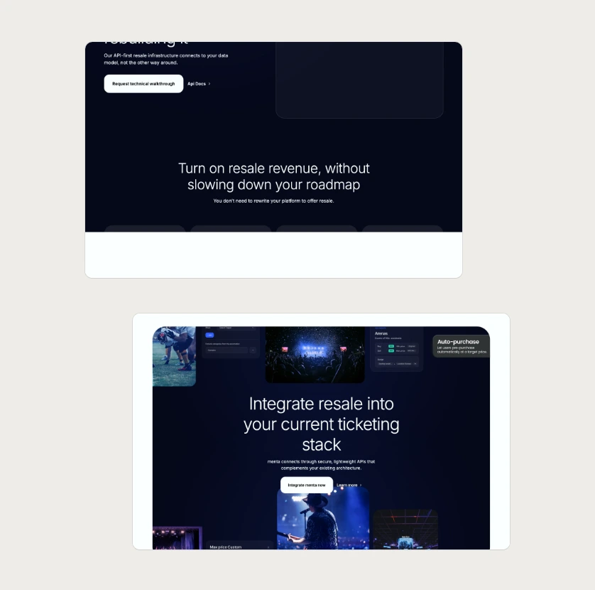 Screens of the Menta Tech Integrations page and home page on desktop