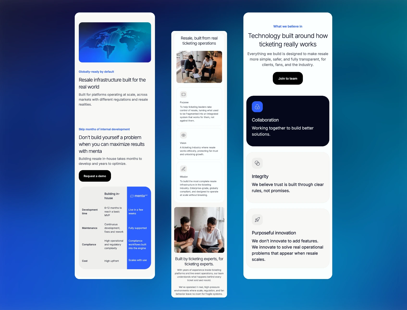 Mobile screens of the Menta Tech Who we power page and About page
