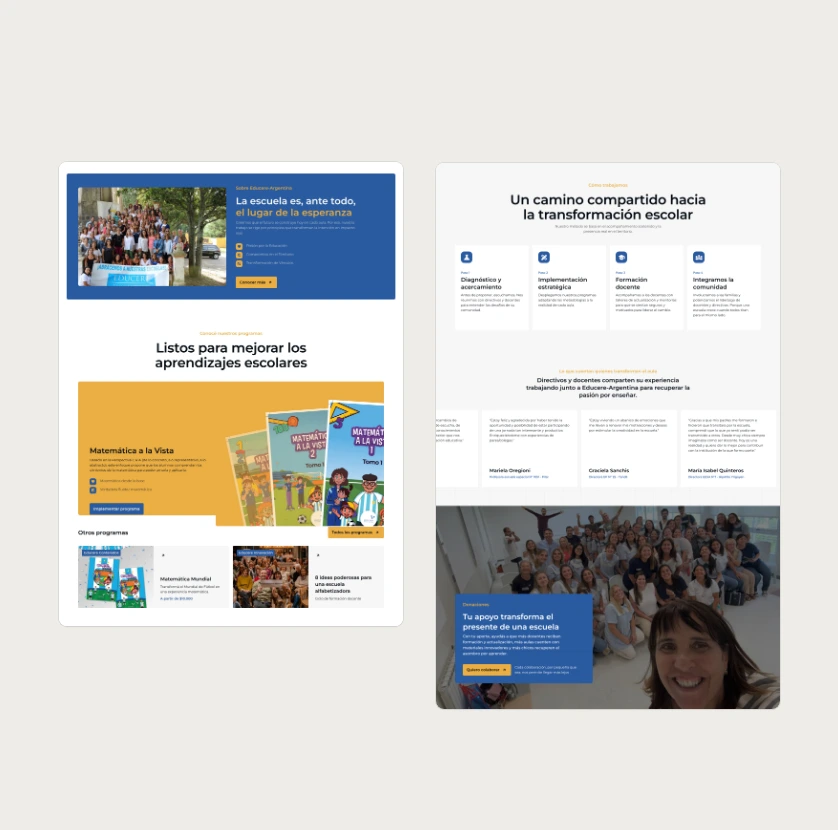 Sections of the Educere home page on desktop