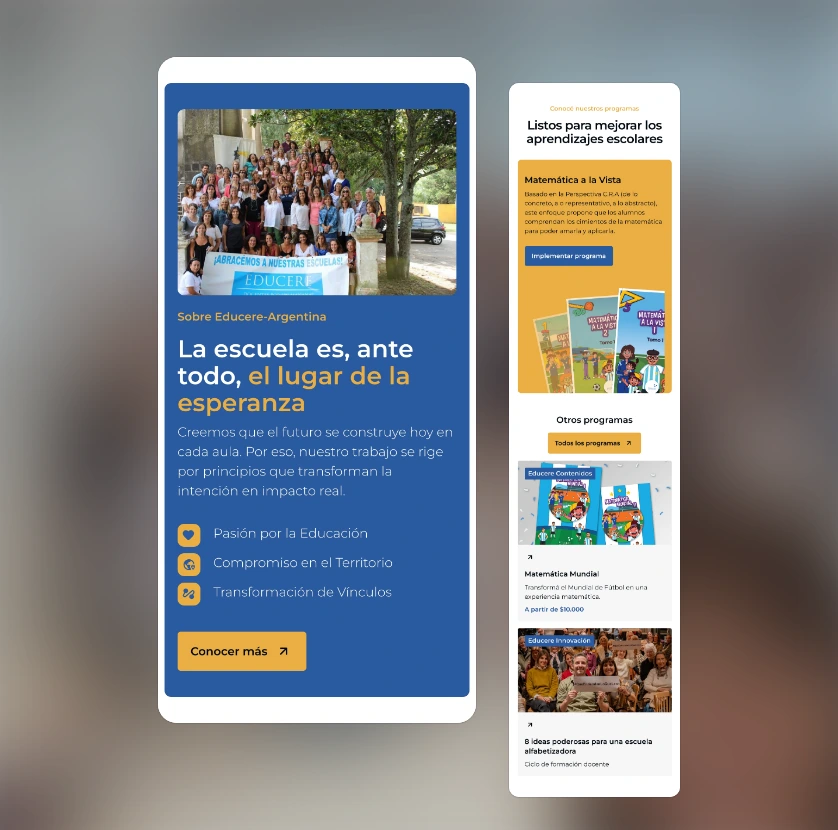Mobile screens of the Educere home page