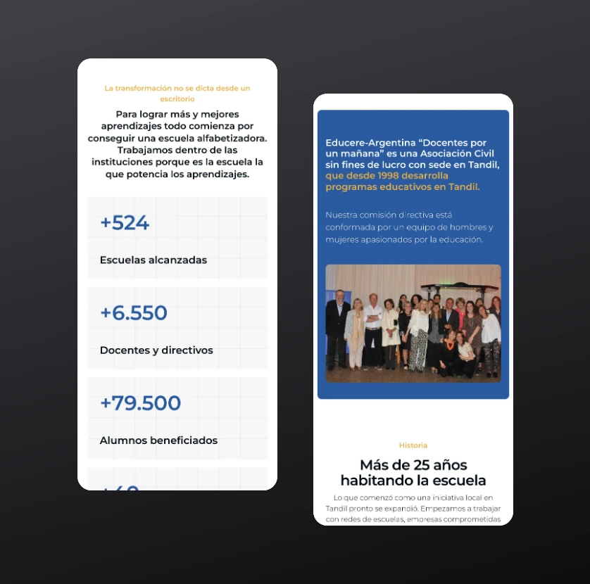 Mobile screens of the Educere home page and Quiénes somos page