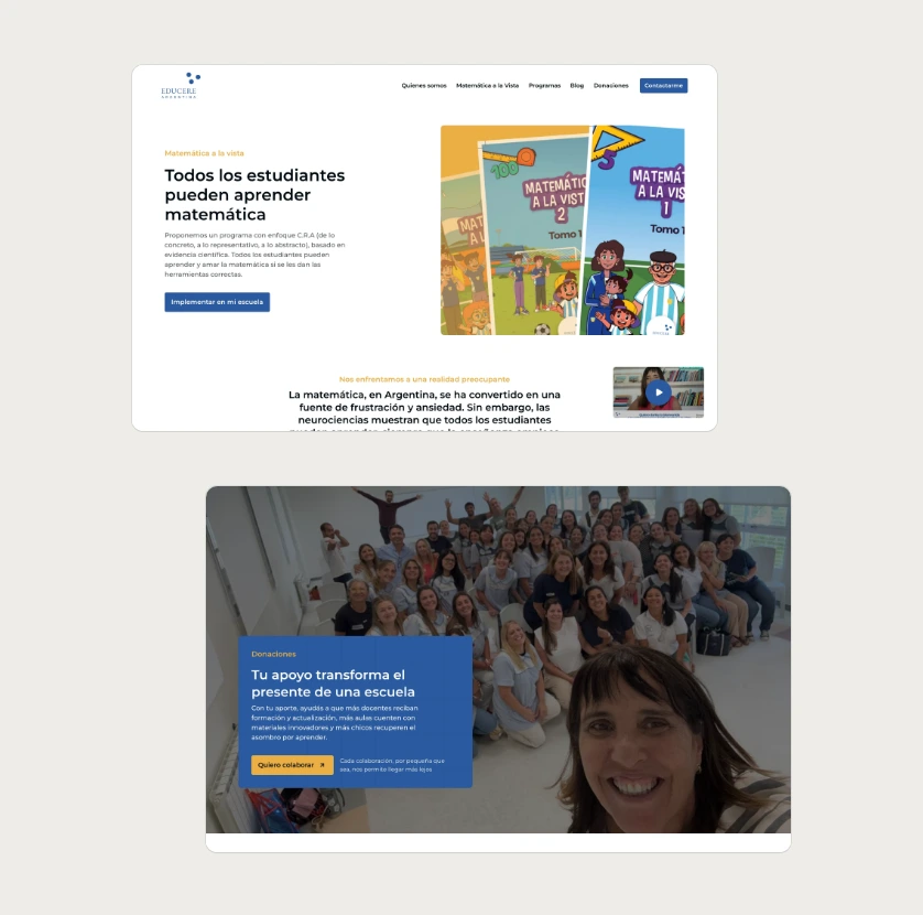 Screens of the Educere Matemática a la vista page and home page on desktop