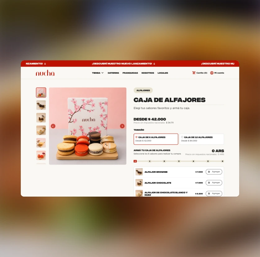 Screen of the Nucha Caja de alfajores page on desktop