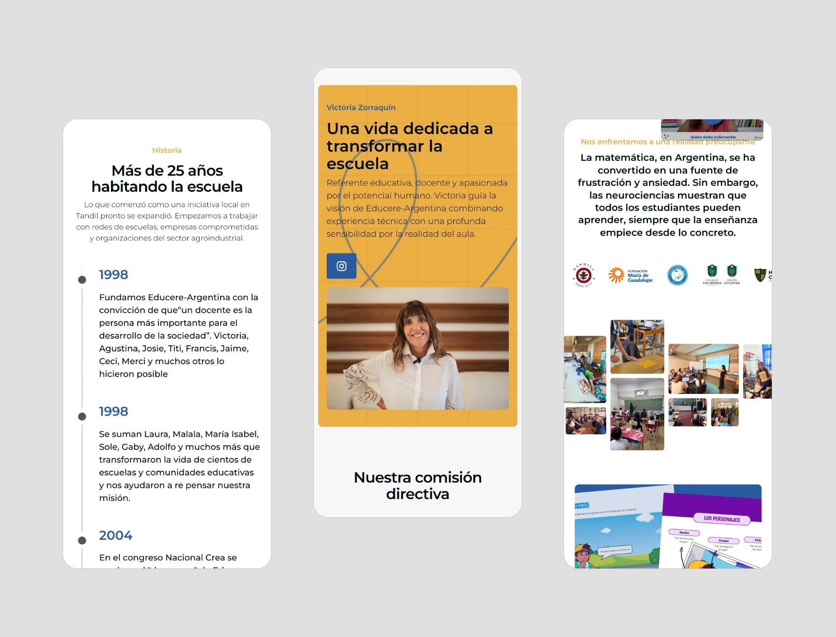 Mobile screens of the Educere Quiénes somos page and Matemática a la vista page