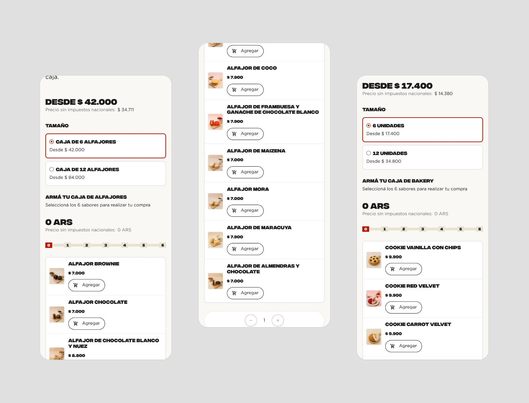 Mobile screens of the Nucha Caja de alfajores page and Caja bakery page