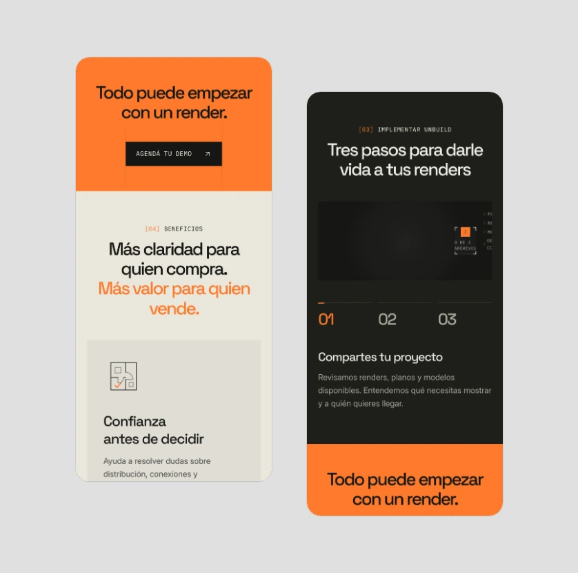 Pantallas mobile de la home de Unbuild