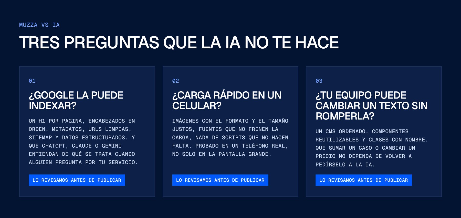 Tres preguntas antes de publicar: si Google la puede indexar, si carga rápido en un celular y si el equipo la puede editar