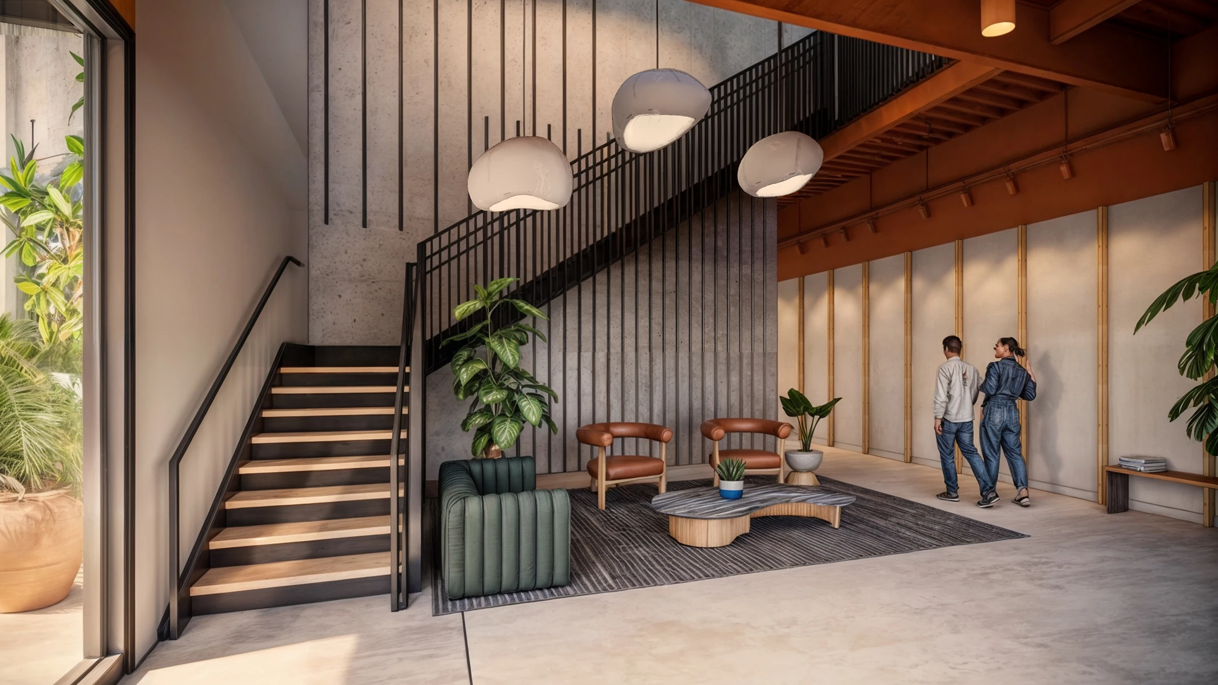 Modern interior with wooden stairs, hanging lights, green and brown seating around a grey rug, large plants, and two people walking.