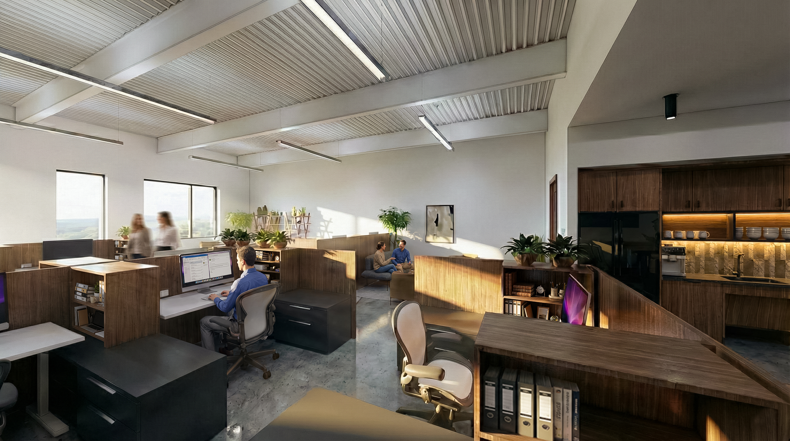 Modern open office with wooden cubicles, people working and chatting, large windows, and a kitchenette with warm lighting.