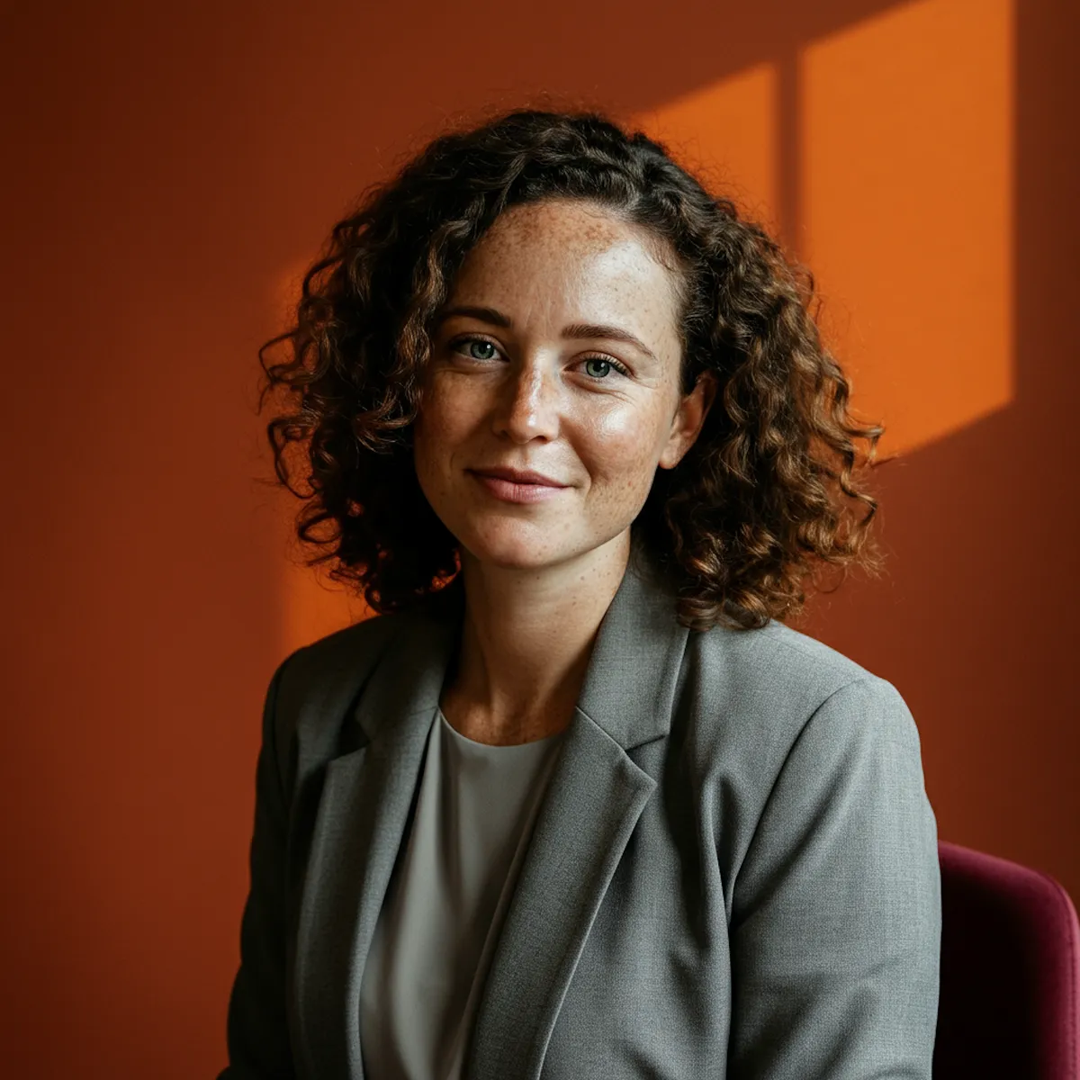 Portrait of a woman with curly hair smiling in front of an orange background.