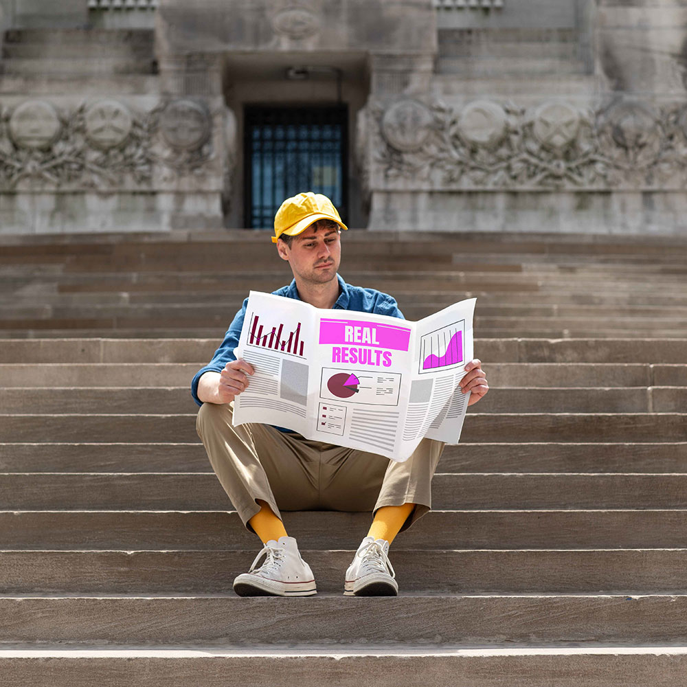 Man in yellow cap and socks sitting on stone steps reading a newspaper titled 'Real Results' with charts.