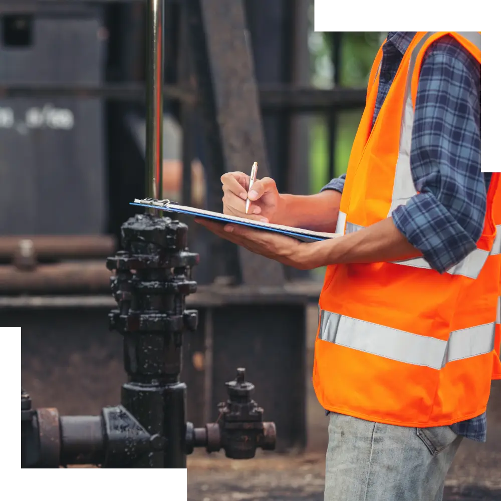 A worker wearing an orange vest who is studying an installation.