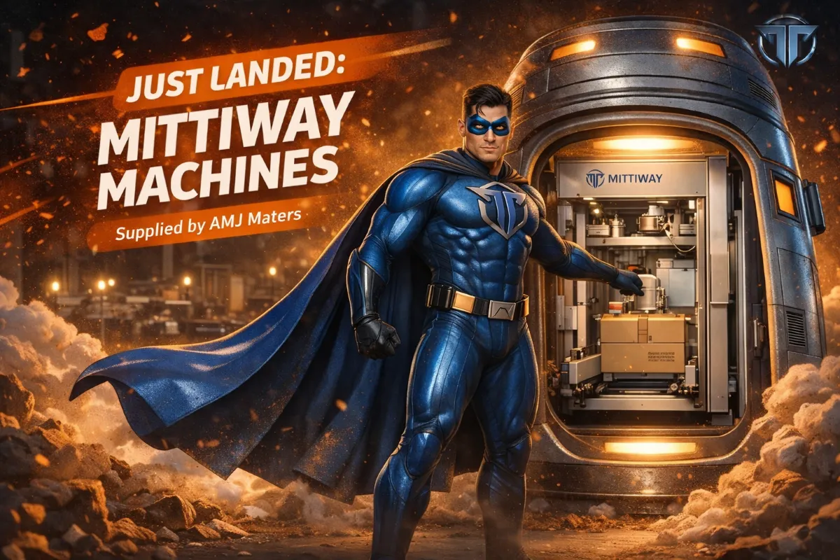 Promotional banner for Mittiway Machines supplied by AMJ Maters, featuring a blue superhero beside a machine pod and the text “Just Landed: Mittiway Machines