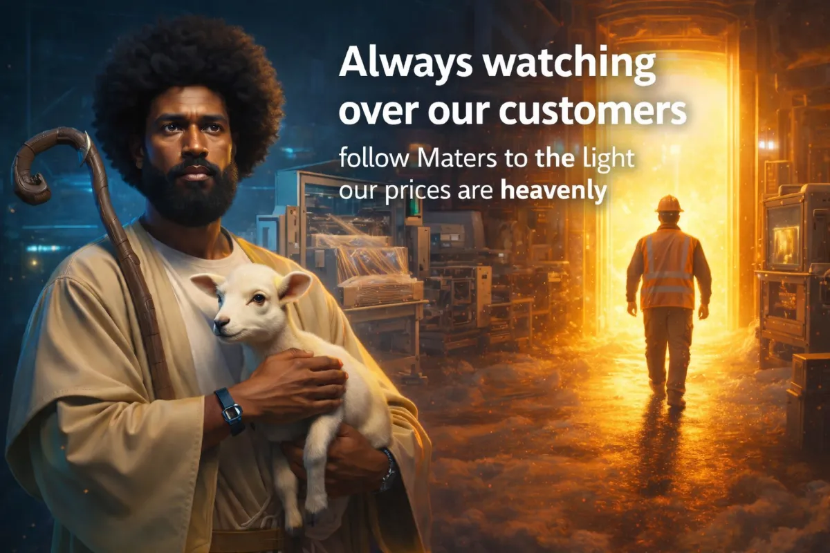 Promotional image showing a robed, bearded man holding a lamb and a shepherd’s staff in an industrial setting, while a worker in a hi-vis vest walks toward a glowing doorway in the background. Overlaid text reads: “Always watching over our customers,” with smaller lines saying, “follow Maters to the Light” and “our prices are heavenly.