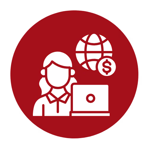 Icon of a woman with a laptop, a globe, and a dollar sign symbolizing online business or global finance.