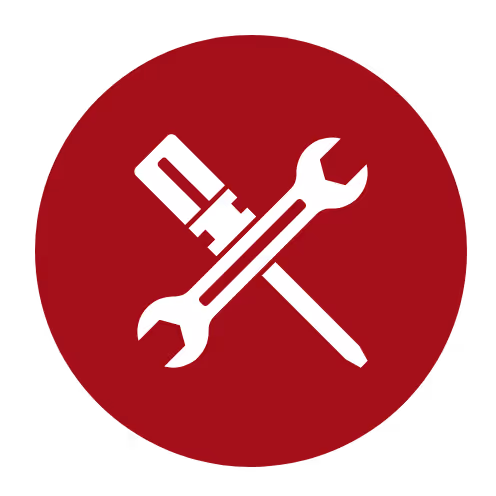 White crossed wrench and screwdriver icon inside a dark red circle.