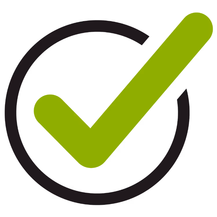 Green checkmark inside a black circular outline symbolizing approval or completion.