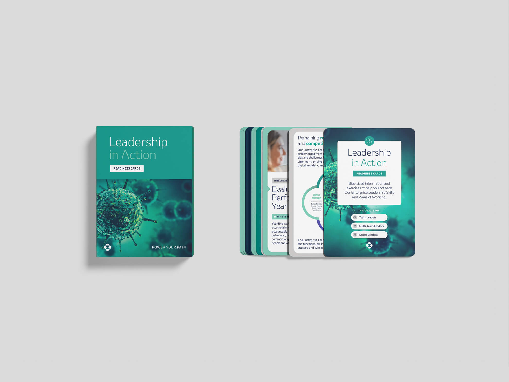 A digital mockup of a teal brand book and several UI design screens displayed against a clean, light gray background.