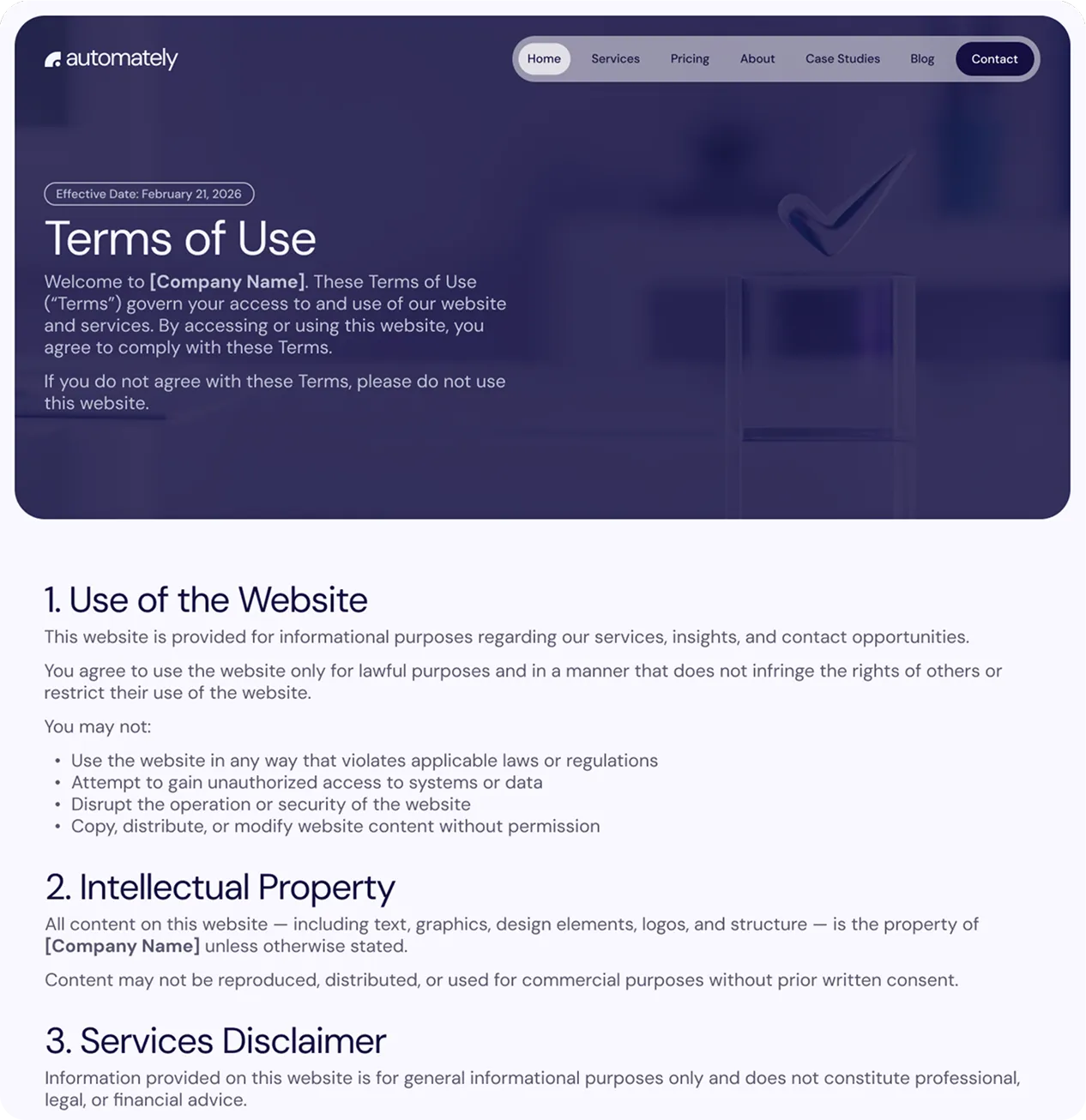 Terms of use page screenshot