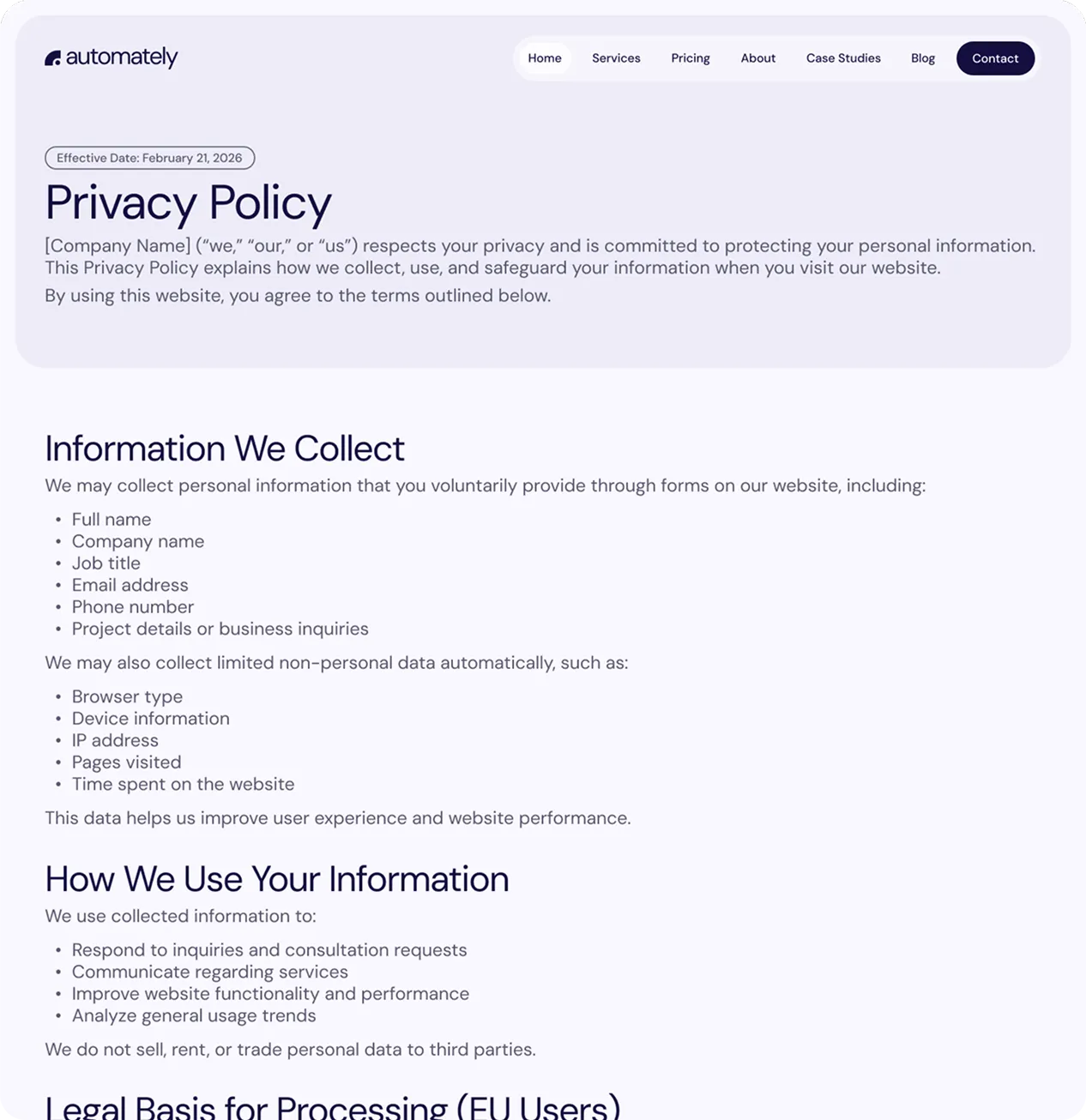 Privacy policy page screenshot