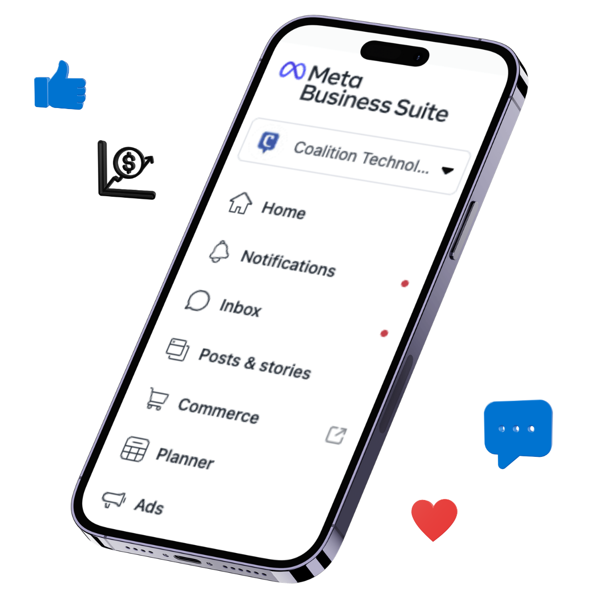 Smartphone screen displaying Meta Business Suite menu with options like Home, Notifications, Inbox, Posts & stories, Commerce, Planner, and Ads, surrounded by icons of thumbs up, chat bubble, heart, and growth chart.