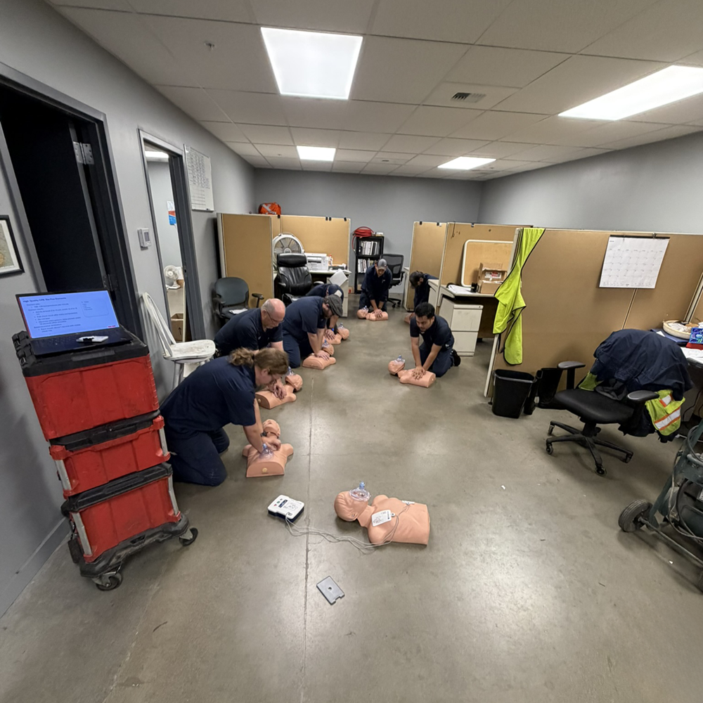 Eight employees kneeling in pairs practicing CPR compressions on manikins during an onsite First Aid, CPR and AED class.