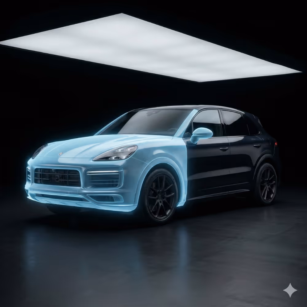 Black luxury SUV with the front half highlighted in light blue under a large rectangular light panel against a dark background.