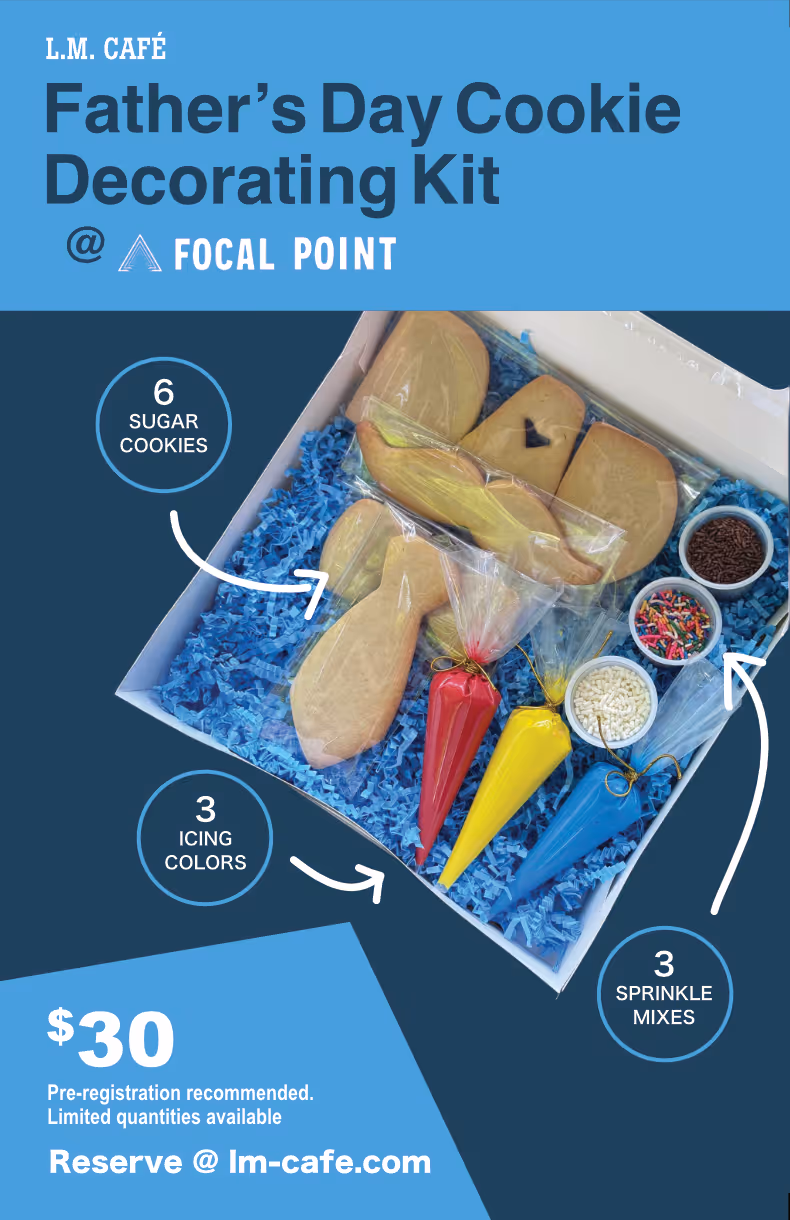 Father's Day cookie decorating kit with 6 sugar cookies, 3 icing colors, and 3 sprinkle mixes in a box.